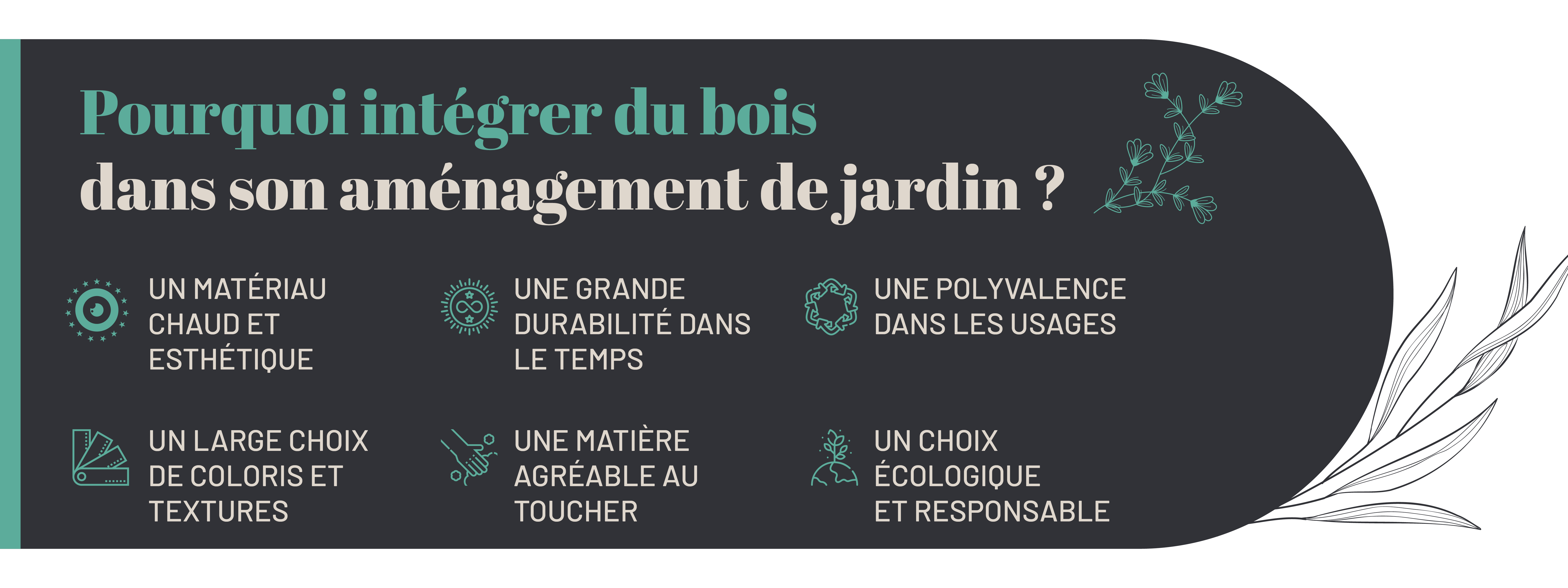 infographie détaillant les avantages d’intégrer du bois dans son jardin
