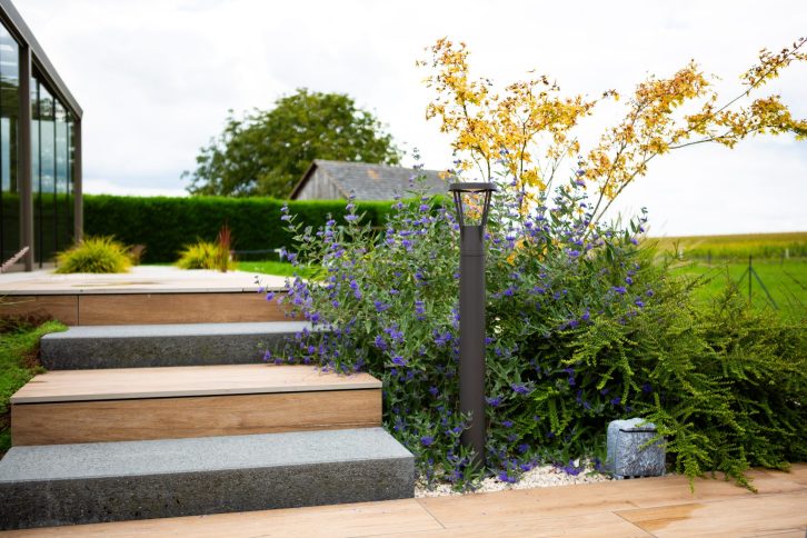 Escalier de jardin bois et granit avec éclairage extérieur, réalisation LNP Paysage à Rosheim